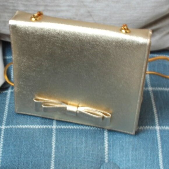 Miss Lewis Vintage Gold Purse with Gold Strap Bow Formal Feminine - Picture 2 of 7